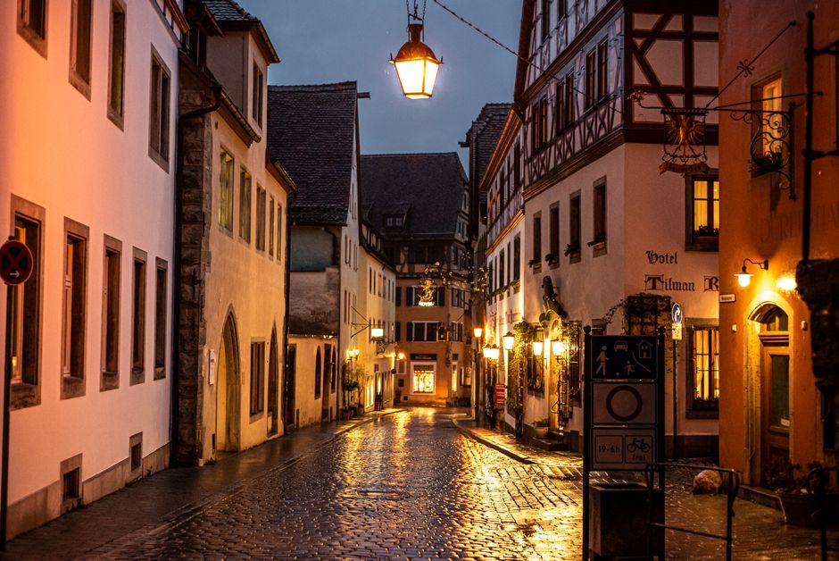 A moody evening street in Rothenburg ob der Tauber, Bavaria, with classic German architecture