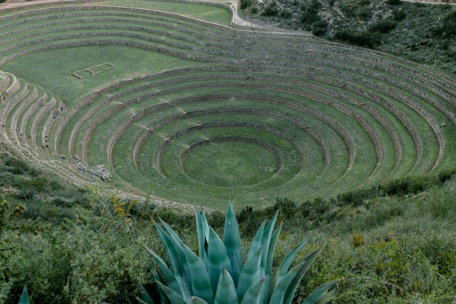 Aerial view of ancient Incan agricultural terraces in Moray, Peru
