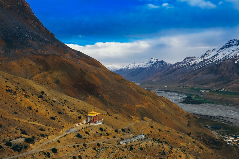 Aerial view of Key Monastery in Spiti Valley, surrounded by stunning mountain landscapes.