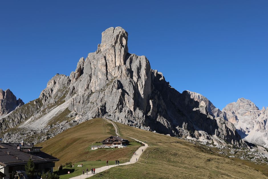 Breathtaking view of Giau Pass, Dolomites in Veneto, Italy with clear blue sky