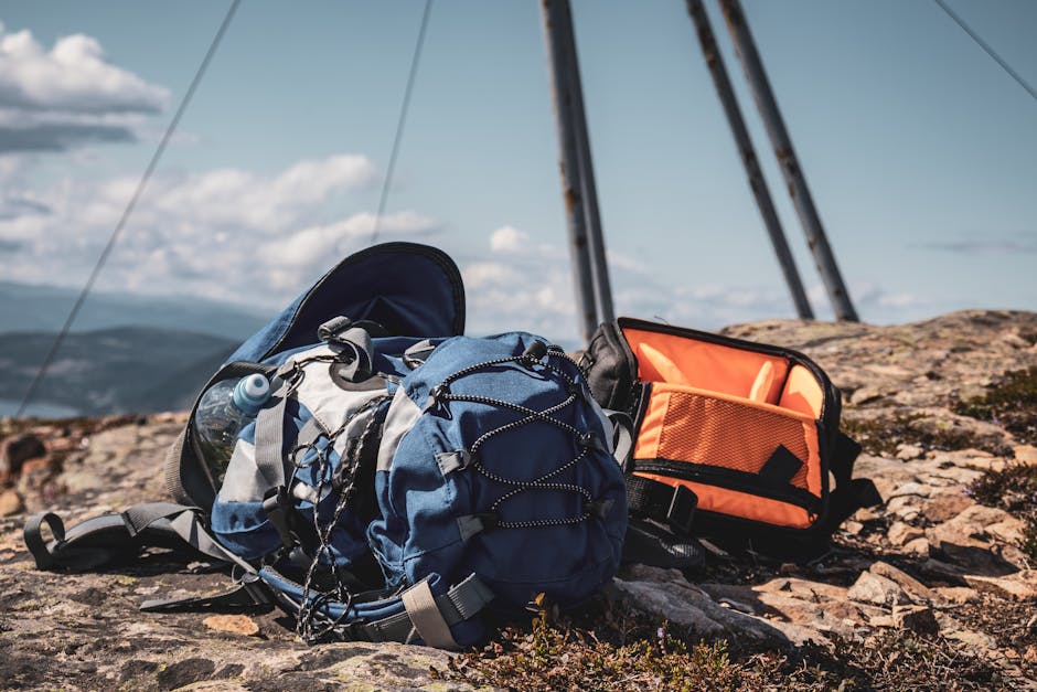 Blue and orange backpacks resting on a rocky mountain peak under a clear sky.