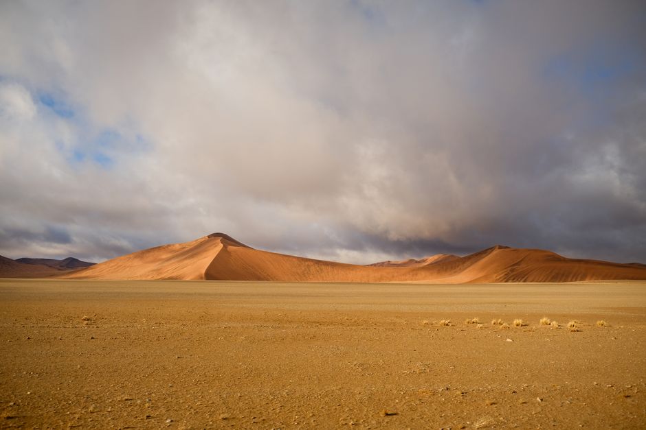 Expansive desert landscape of orange sand dunes under a moody cloud-filled sky