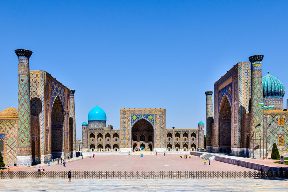 Explore the stunning architecture of Registan Square in Samarkand, Uzbekistan with vibrant mosaics and histori