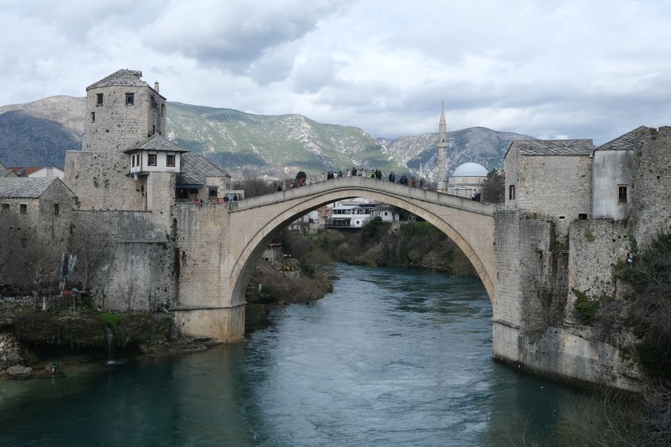 Iconic Stari Most arch bridge spanning the river in Mostar, Bosnia and Herzegovina