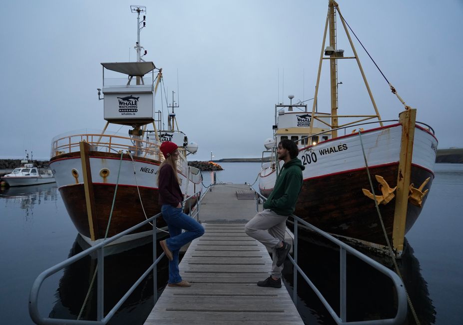 A serene harbor scene with boats and two people at Akureyri, Iceland, during twilight.