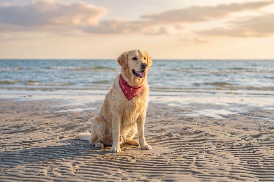 Golden retriever wearing a bandana on Sankt Peter-Ording beach at sunset.