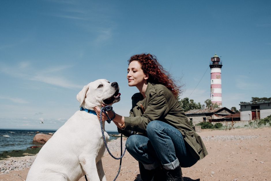 Woman and Labrador enjoying a sunny day at the beach with a lighthouse in the background.