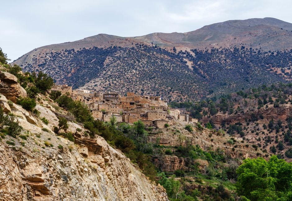 Picturesque view of a historic village nestled in the Moroccan Atlas Mountains