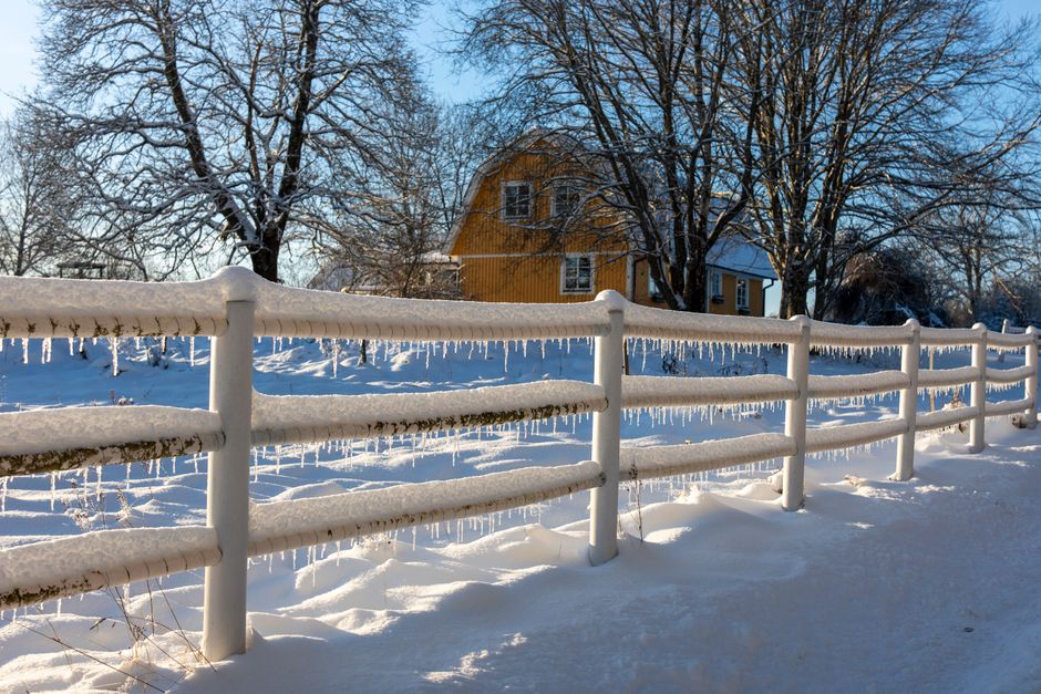 Beautiful winter scene featuring icicles on a wooden fence with a yellow house in the background.
