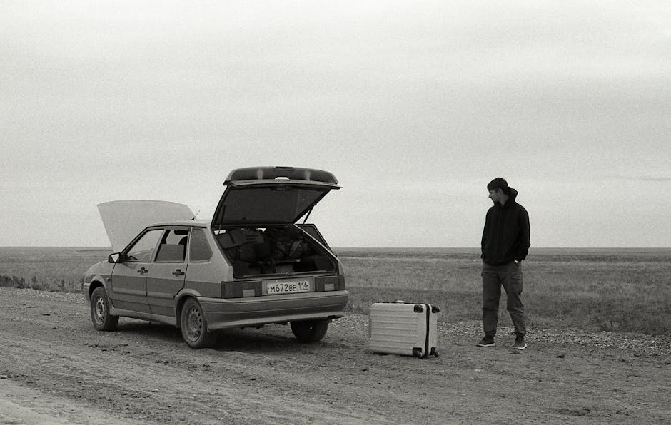 A man stands by a broken down car on a dirt road with luggage in a desolate, rural setting.