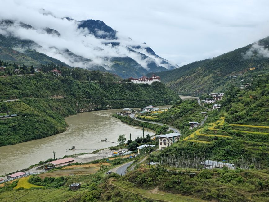 Scenic view of the lush river valley and mountains in Wangdue Phodrang, Bhutan