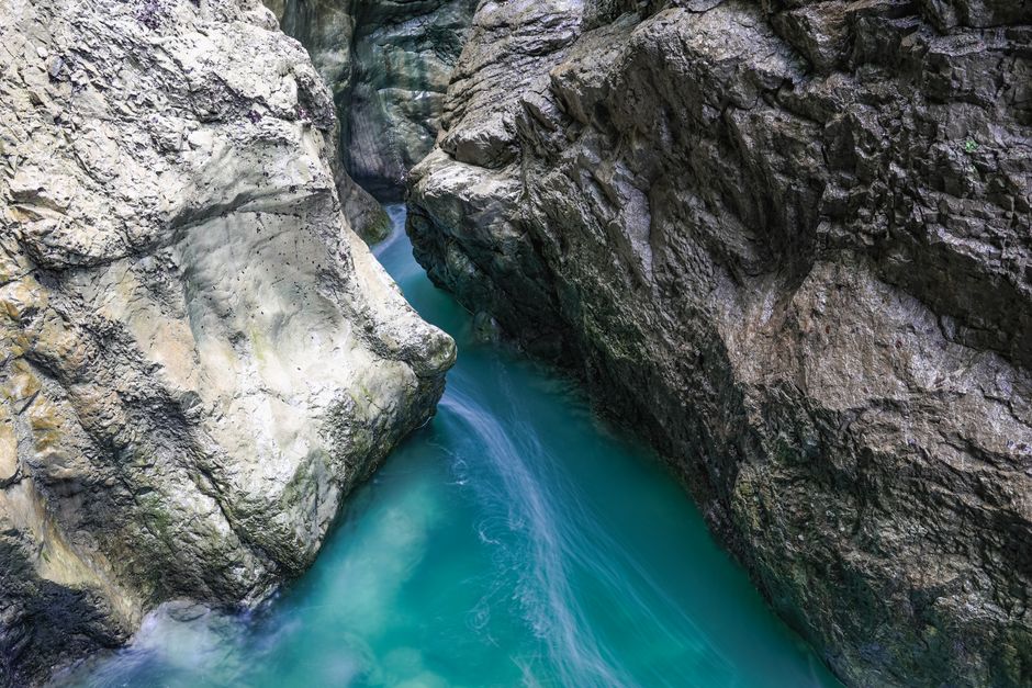 Stunning canyon view at Breitachklamm, showcasing turquoise waters and rugged cliffs in Oberstdorf, Germany