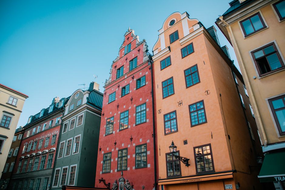 Vibrant and iconic buildings in Stockholm's historical Gamla Stan area