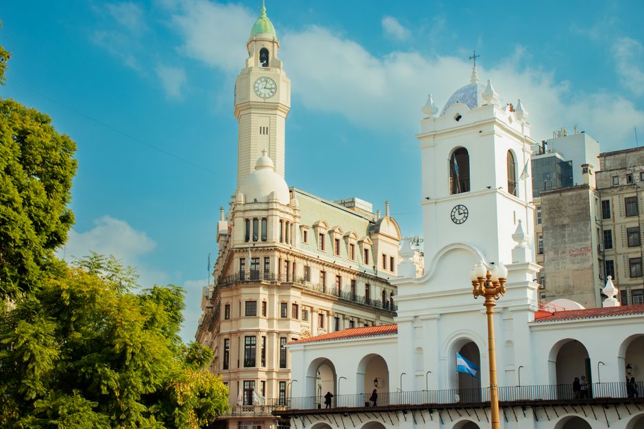View of historic architecture with landmark towers in Buenos Aires, Argentina